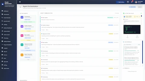 Agent Orchestration - Active agents with status indicators, real-time agent communication logs, tool calls, and RAG retrievals with relevance scores